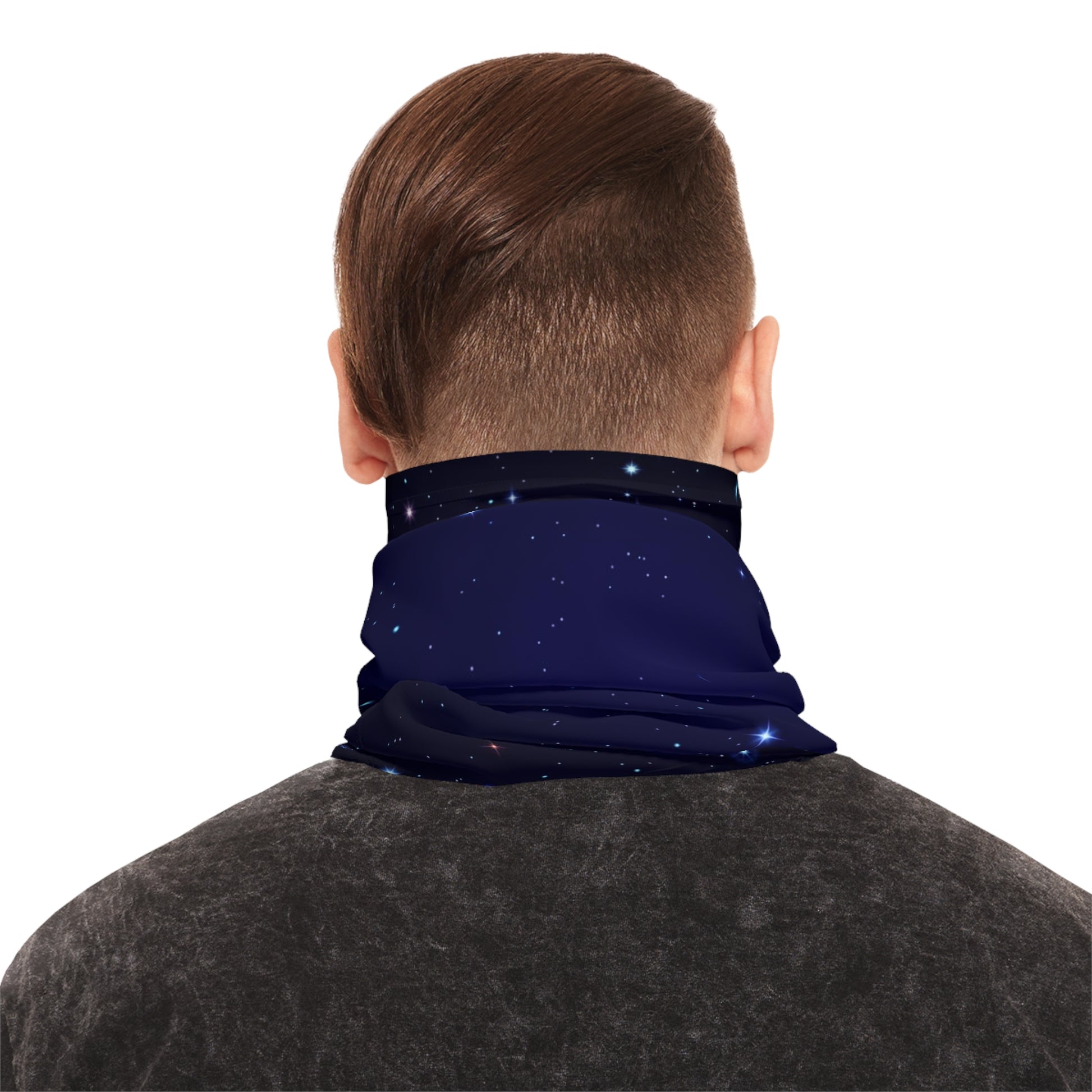 Brilliance Men's Lightweight Neck Gaiter with Starry Night Print and Logo Back Side with Model