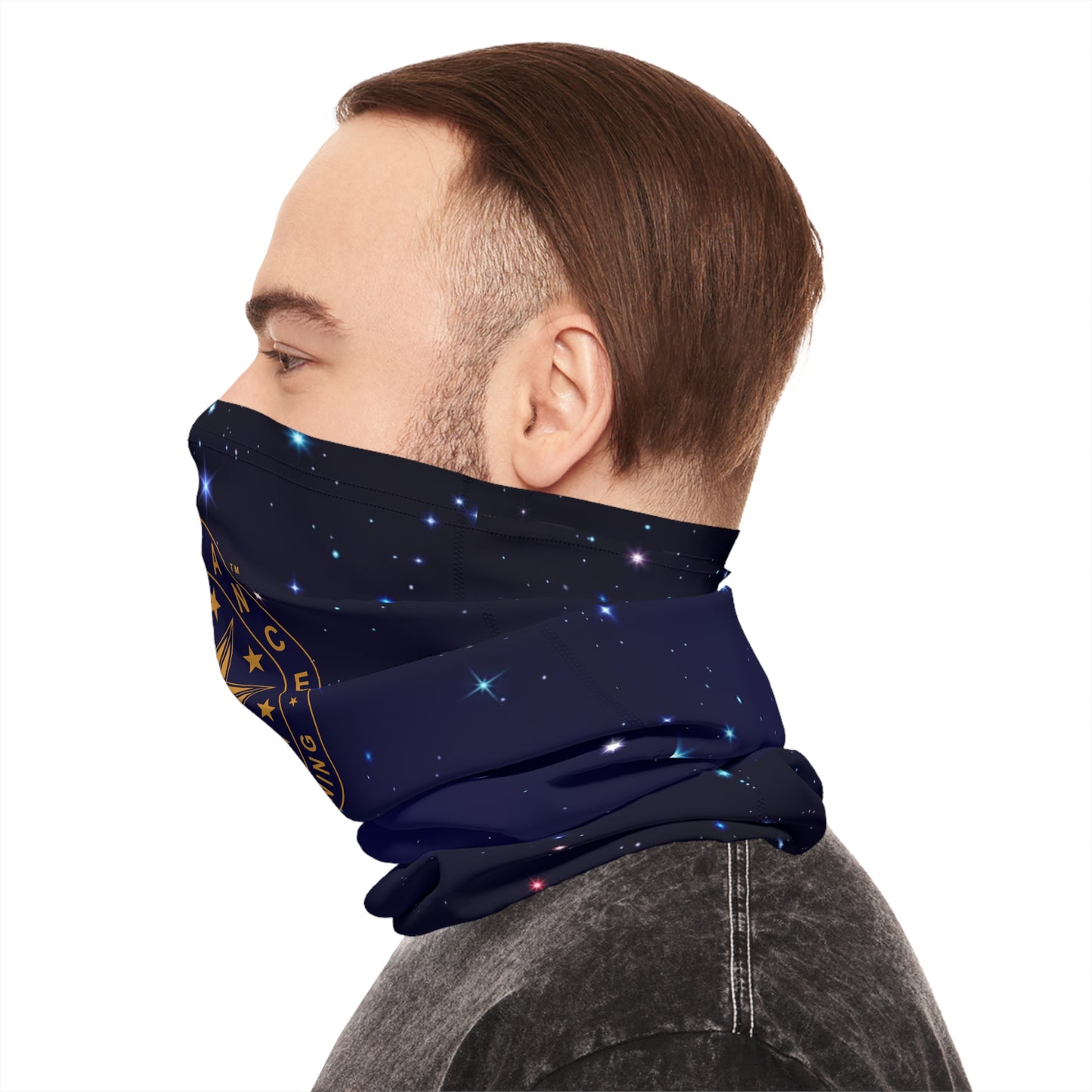 Brilliance Men's Lightweight Neck Gaiter with Starry Night Print and Logo Left Side with Model