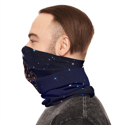 Brilliance Men's Lightweight Neck Gaiter with Starry Night Print and Logo Left Side with Model