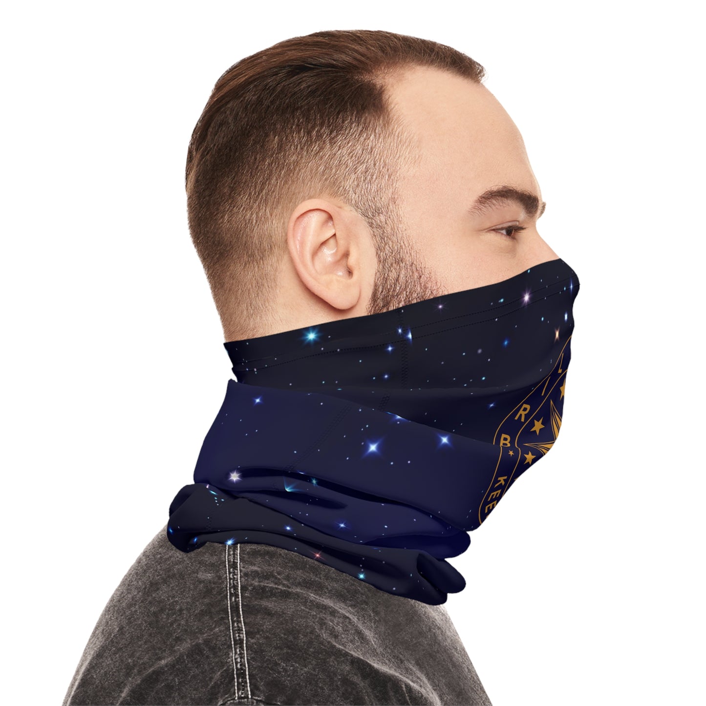 Brilliance Men's Lightweight Neck Gaiter with Starry Night Print and Logo Right Side with Model