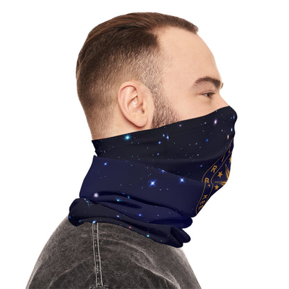 Brilliance Men's Lightweight Neck Gaiter with Starry Night Print and Logo Right Side with Model