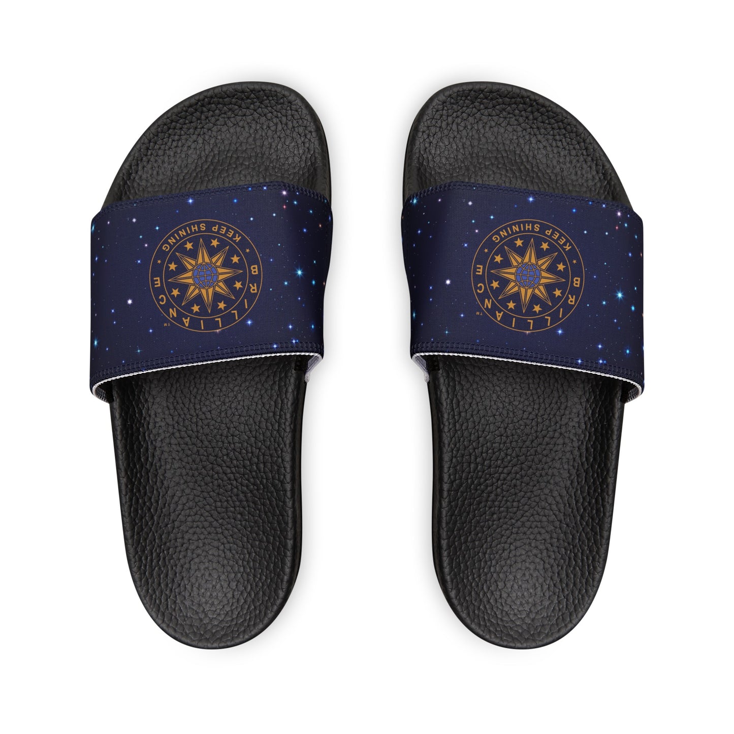 Brilliance Men's PU Slide Sandals with Starry Night Print and Logo Black Outsole Front Side