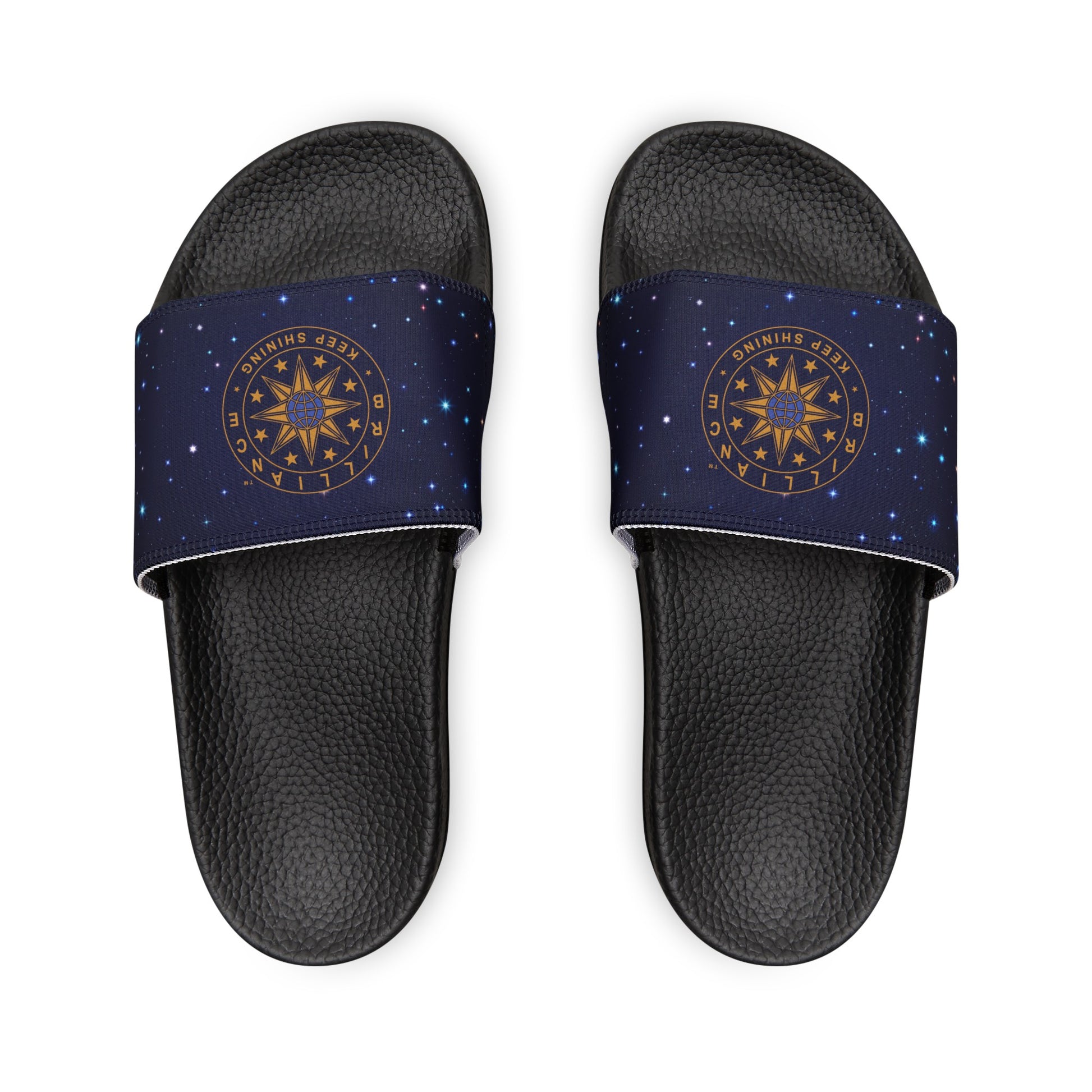 Brilliance Men's PU Slide Sandals with Starry Night Print and Logo Black Outsole Front Side
