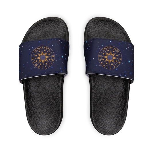 Brilliance Men's PU Slide Sandals with Starry Night Print and Logo Black Outsole Front Side