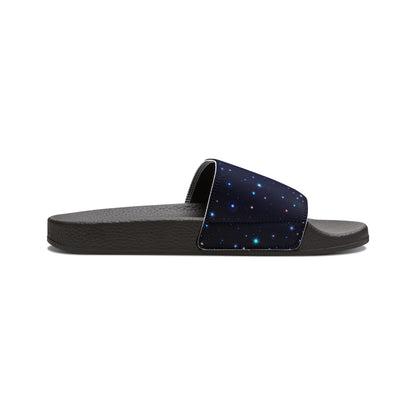 Brilliance Men's PU Slide Sandals with Starry Night Print and Logo Black Outsole Left Inside