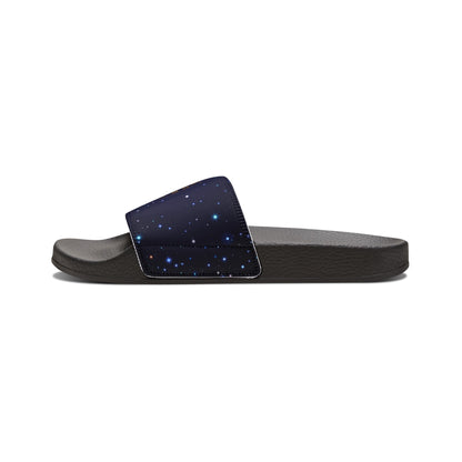Brilliance Men's PU Slide Sandals with Starry Night Print and Logo Black Outsole Left Outside