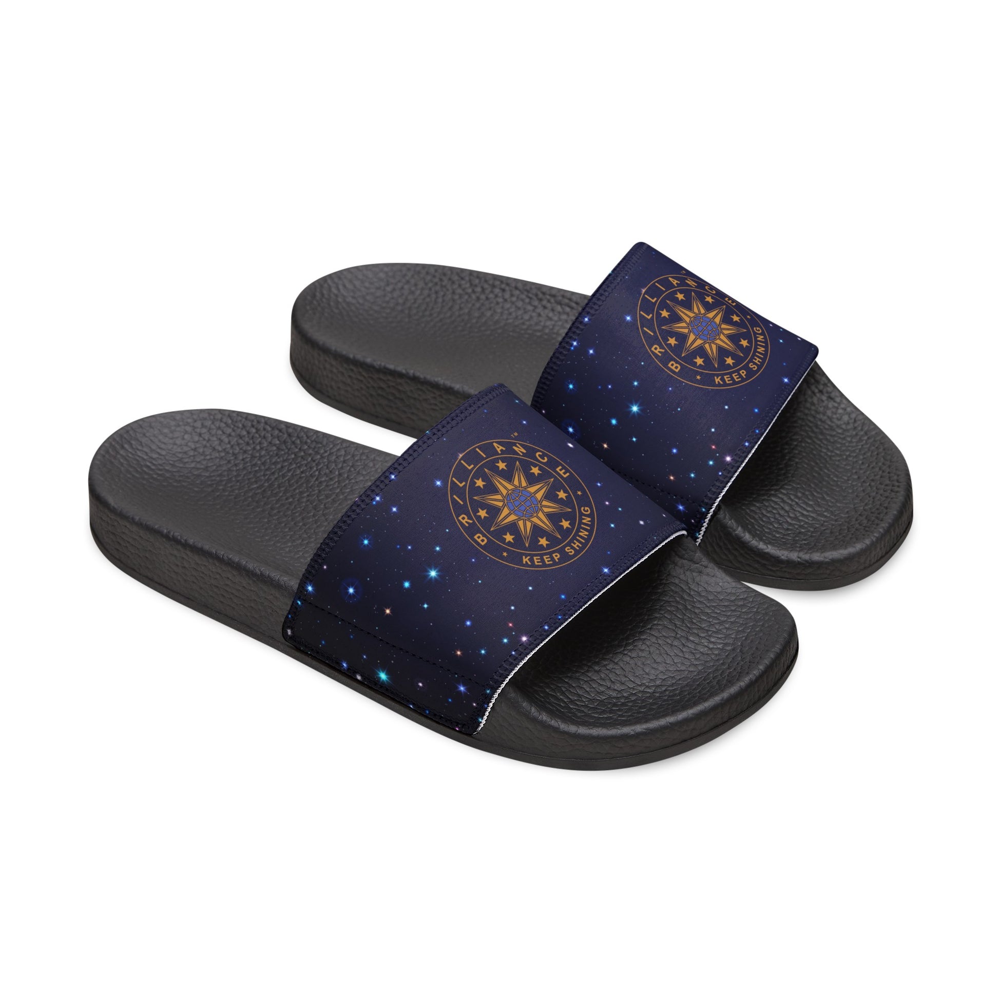 Brilliance Men's PU Slide Sandals with Starry Night Print and Logo Black Outsole Slant