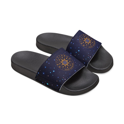 Brilliance Men's PU Slide Sandals with Starry Night Print and Logo Black Outsole Slant