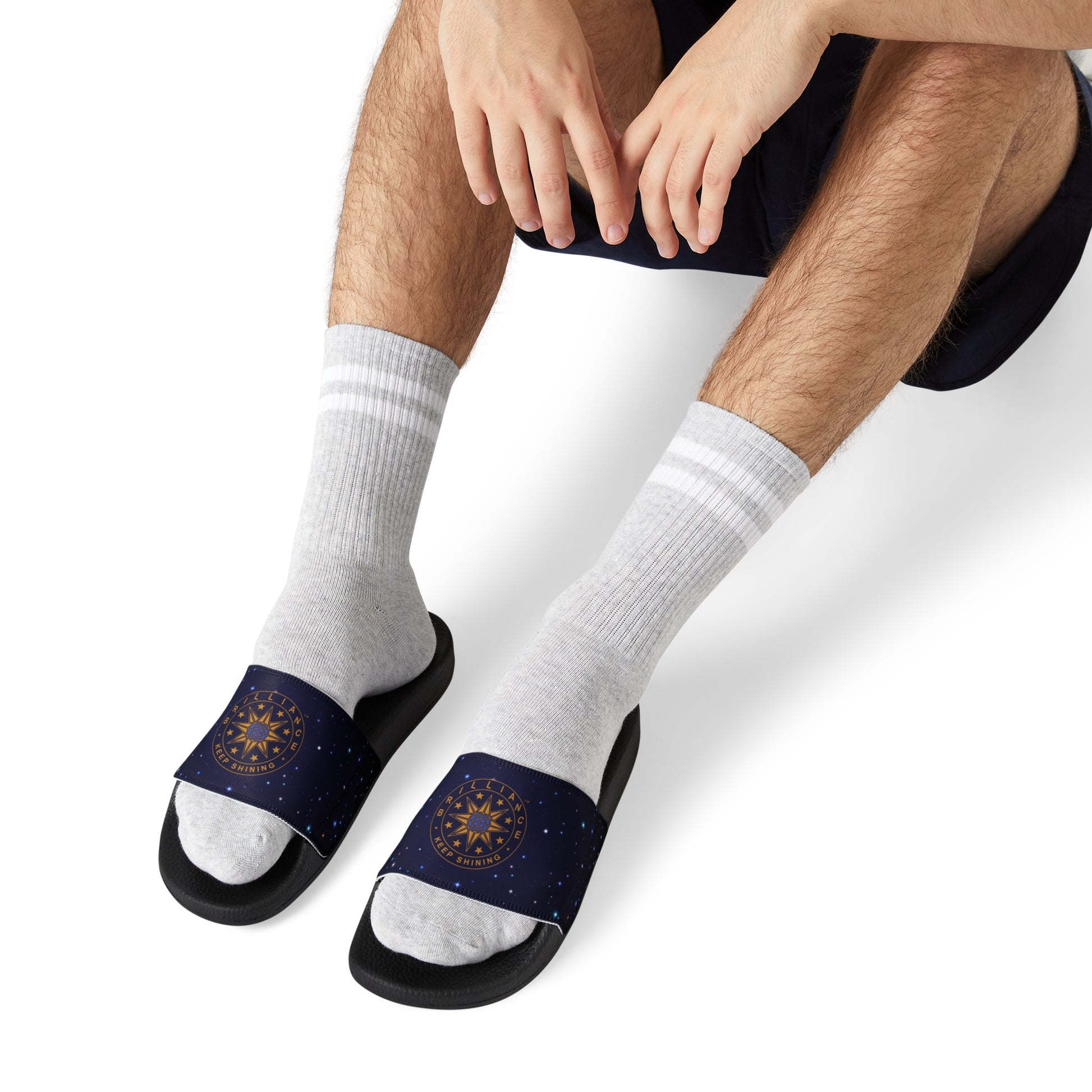 Brilliance Men's PU Slide Sandals with Starry Night Print and Logo Black Outsole Slant with Model