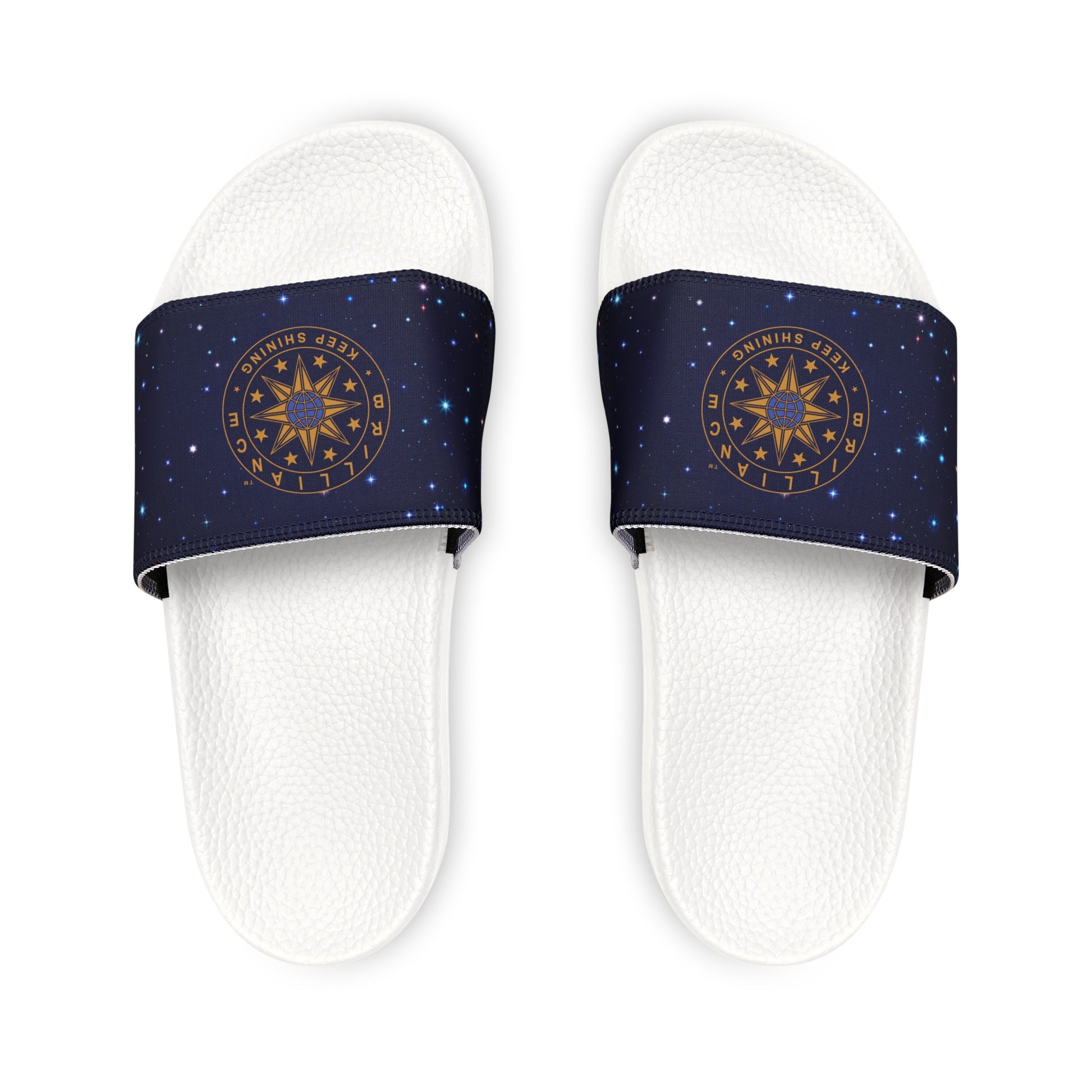 Brilliance Men's PU Slide Sandals with Starry Night Print and Logo White Outsole Front Side