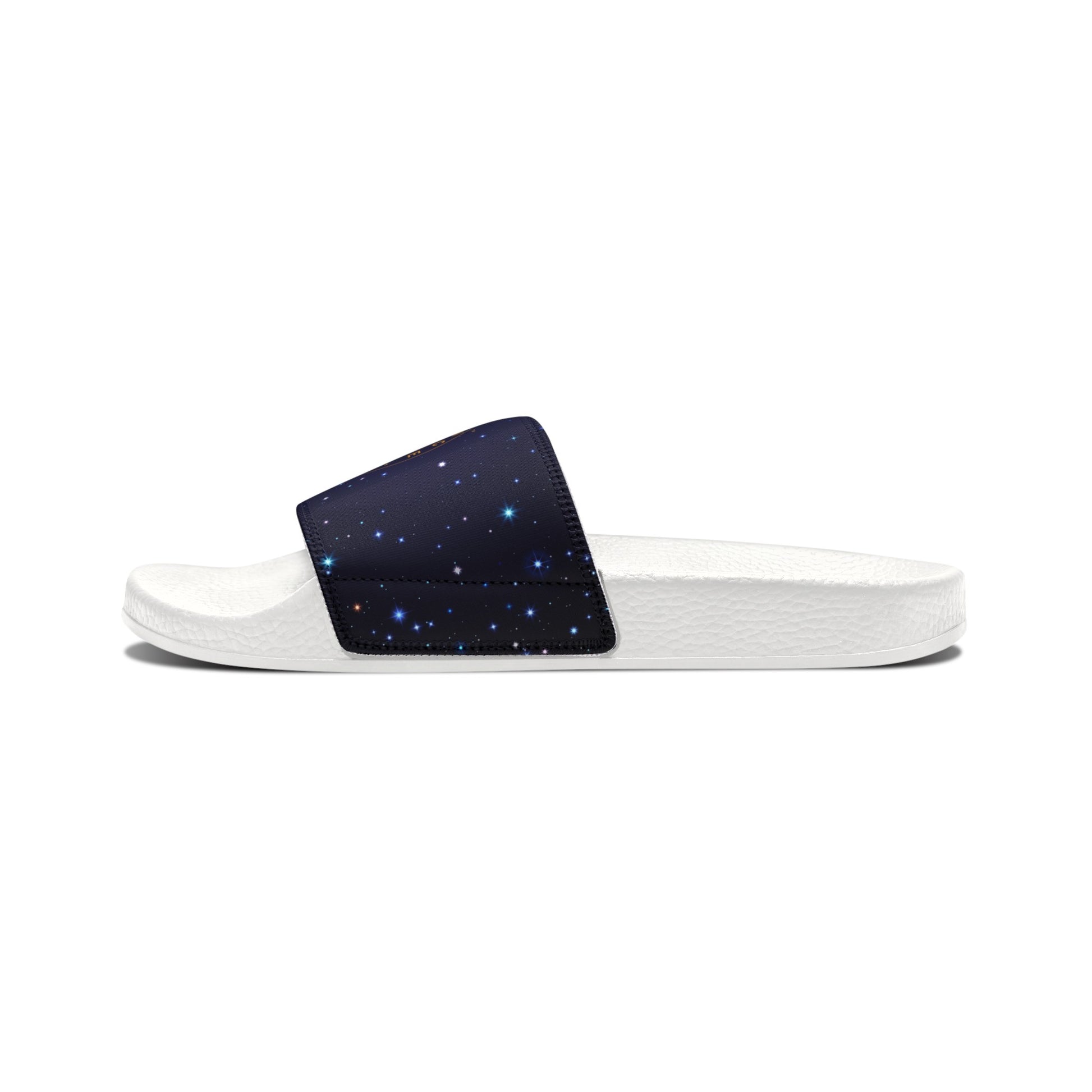 Brilliance Men's PU Slide Sandals with Starry Night Print and Logo White Outsole Left Outside