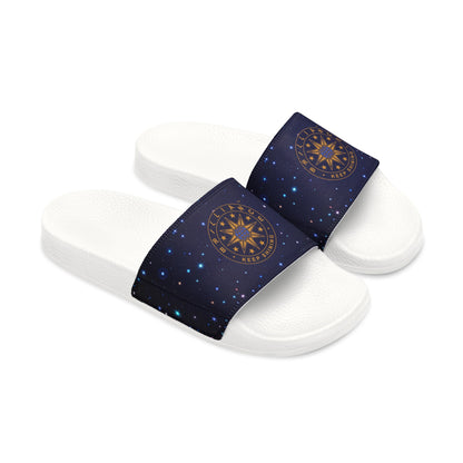 Brilliance Men's PU Slide Sandals with Starry Night Print and Logo White Outsole Slant