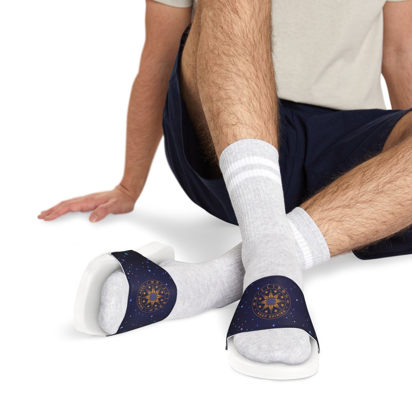 Brilliance Men's PU Slide Sandals with Starry Night Print and Logo White Outsole Slant with Model 2