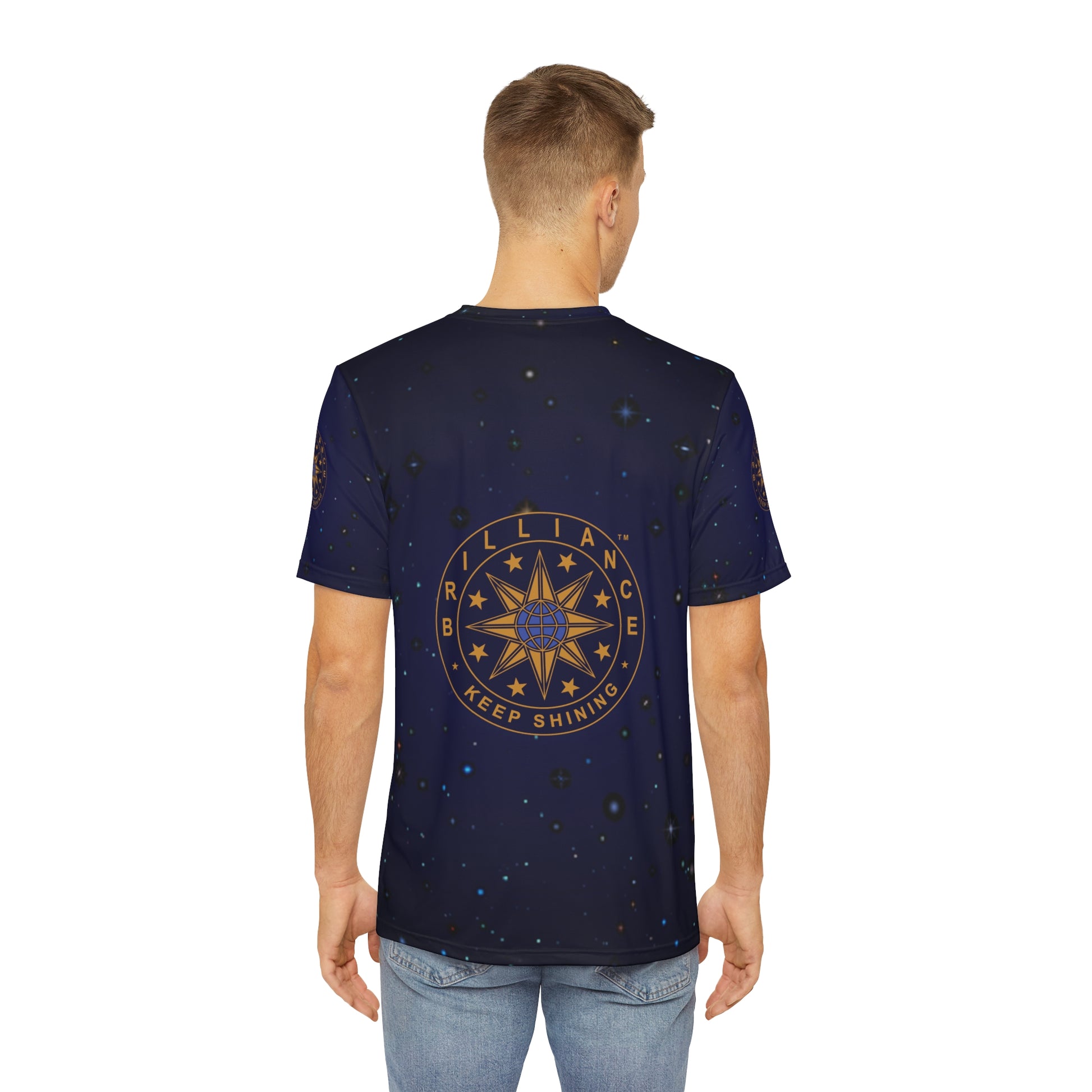 Brilliance Men's Polyester Tee with Starry Night Print and Logo Back Side View with Model