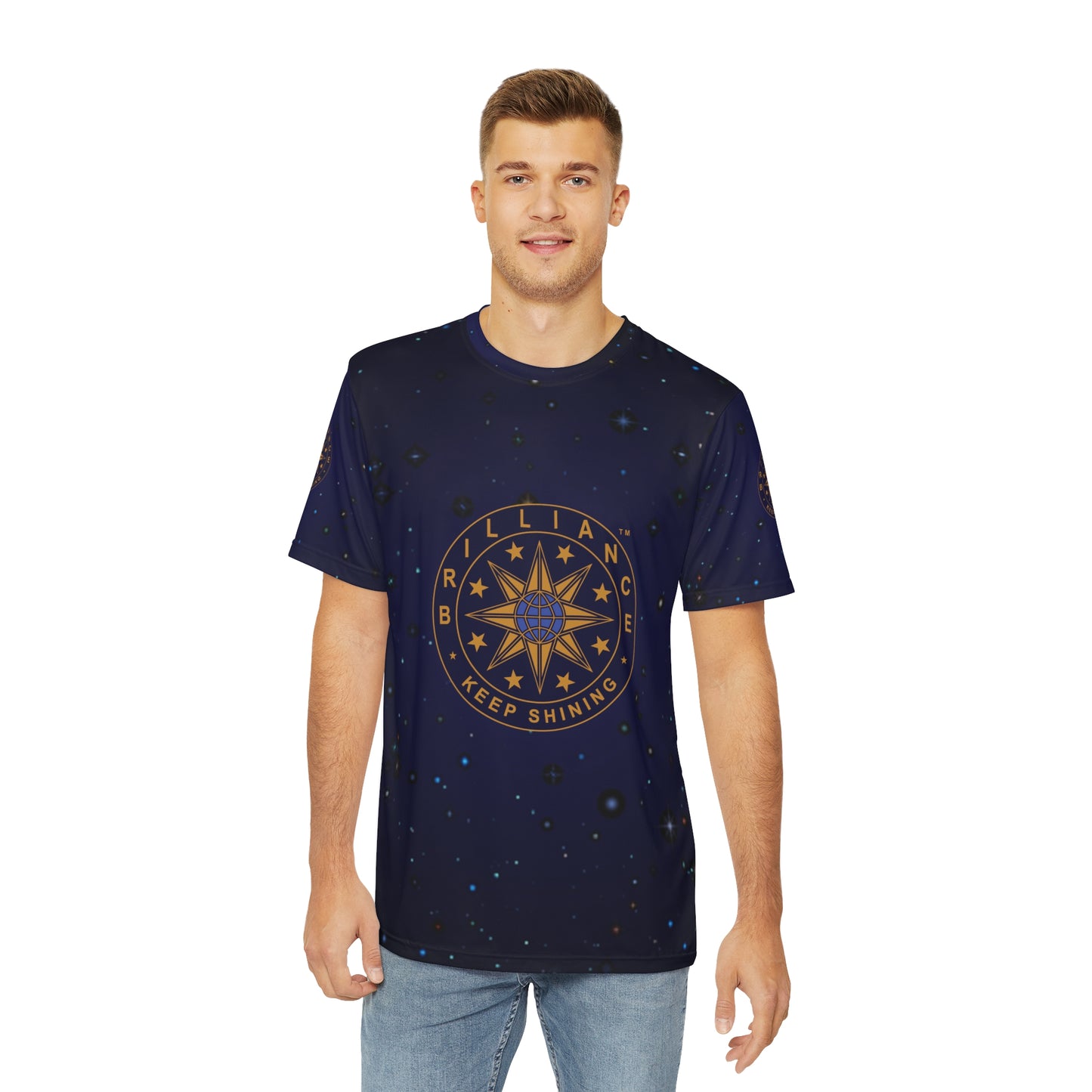 Brilliance Men's Polyester Tee with Starry Night Print and Logo Front Side View with Model