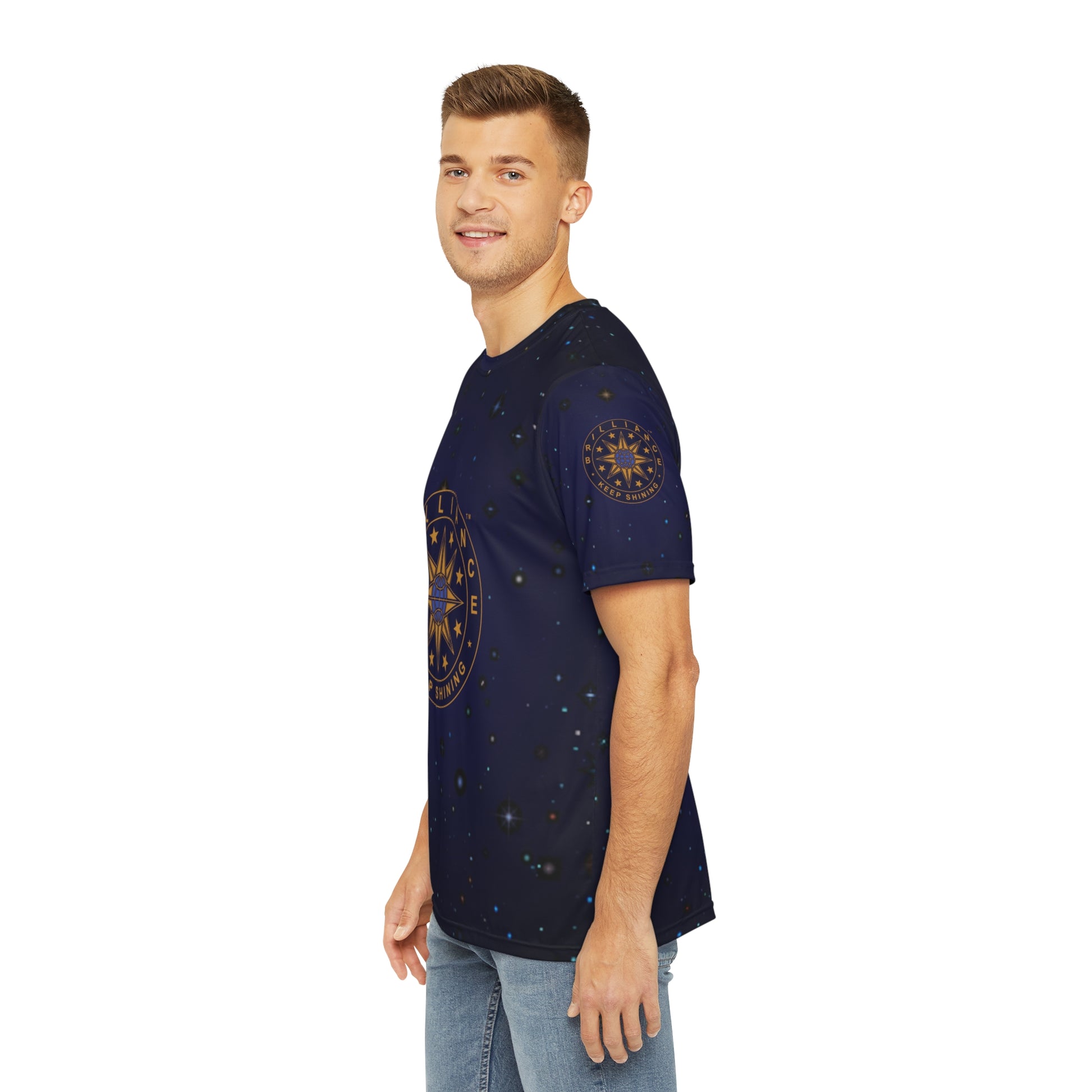 Brilliance Men's Polyester Tee with Starry Night Print and Logo Left Side View with Model