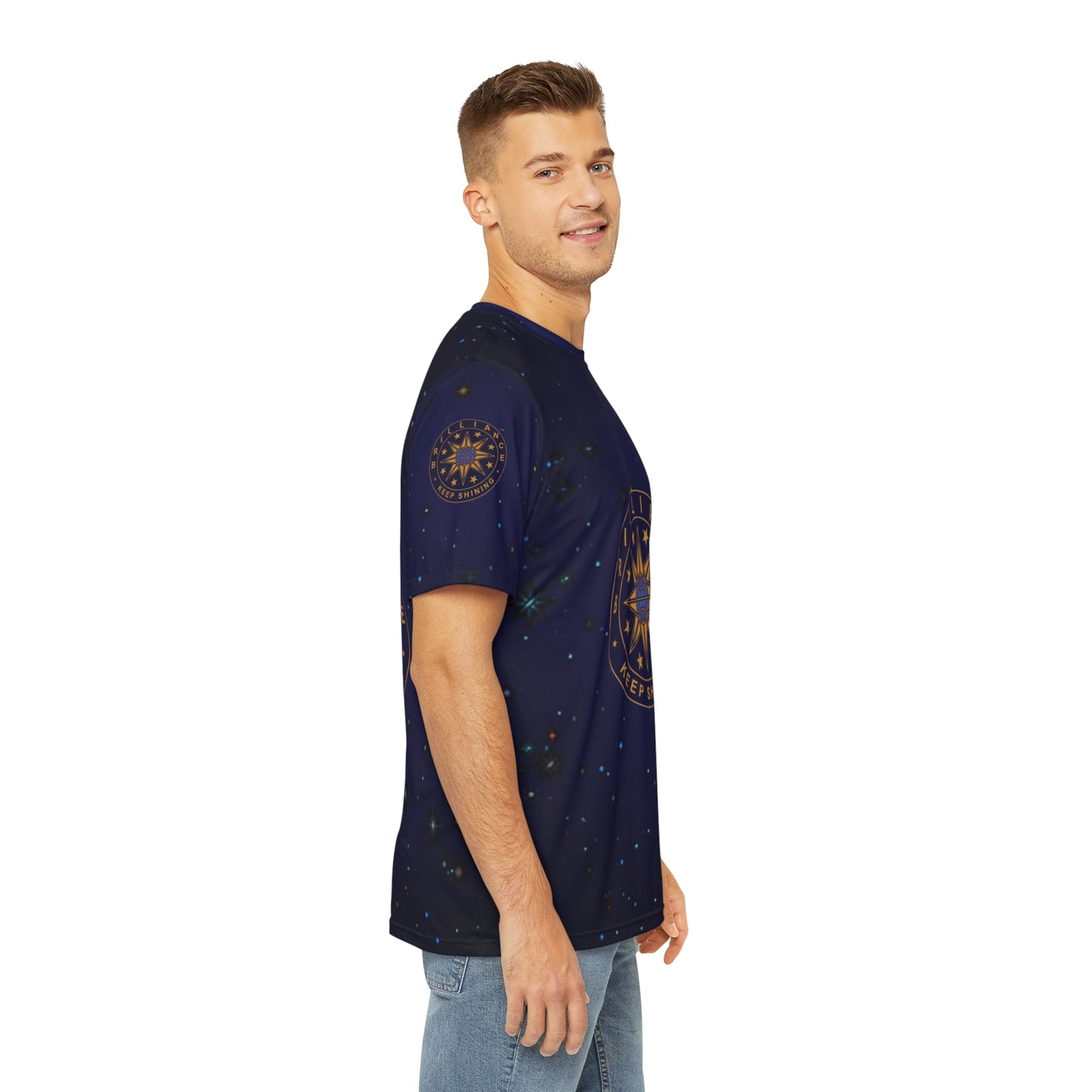 Brilliance Men's Polyester Tee with Starry Night Print and Logo Right Side View with Model