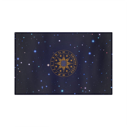 Brilliance Microfiber Tea Towel with Starry Night Print and Logo Front Horizontal