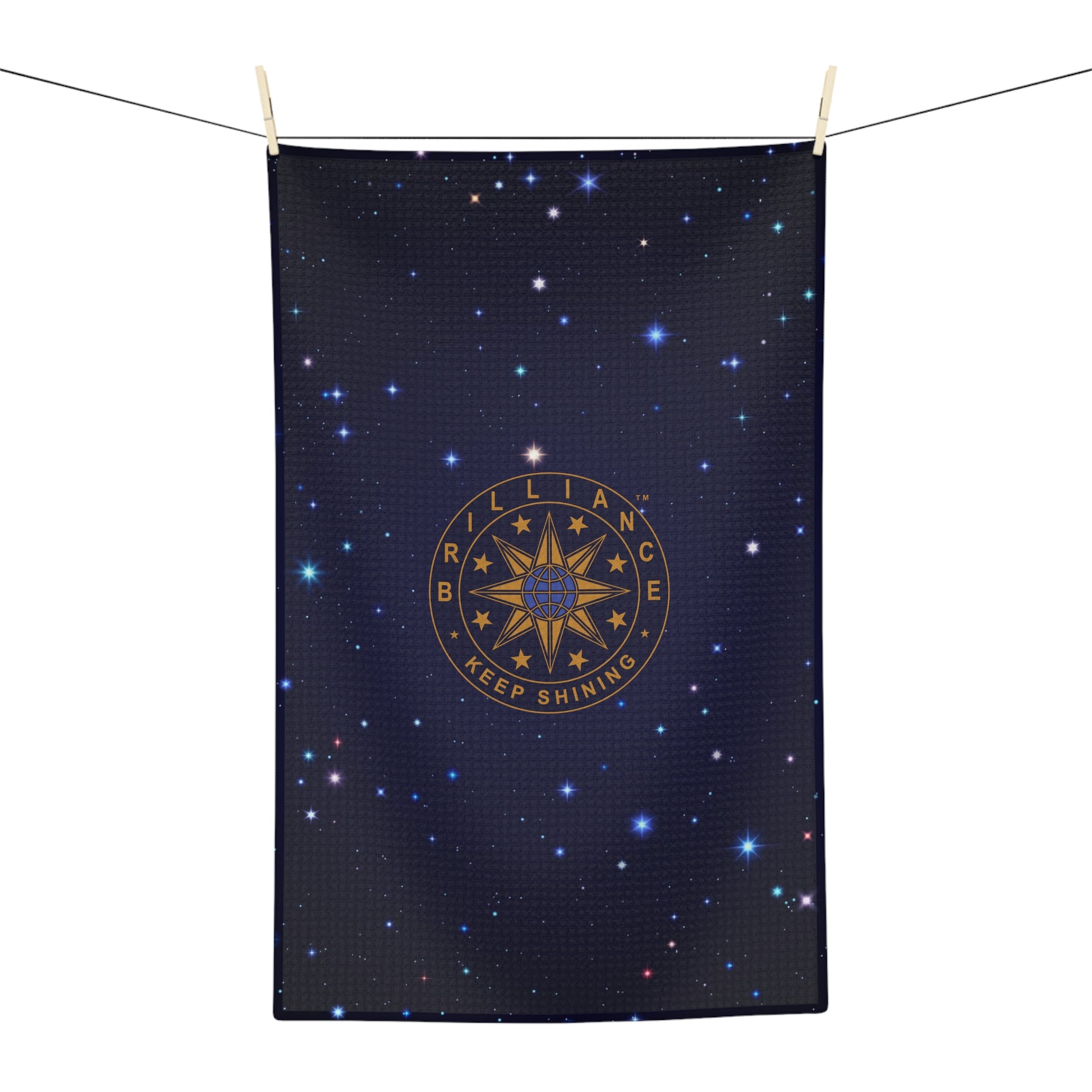 Brilliance Microfiber Tea Towel with Starry Night Print and Logo Front Side Hanging