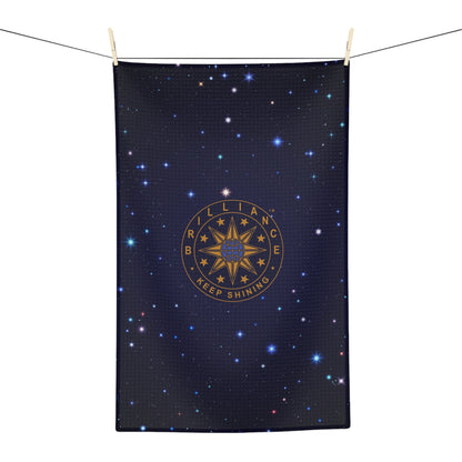 Brilliance Microfiber Tea Towel with Starry Night Print and Logo Front Side Hanging