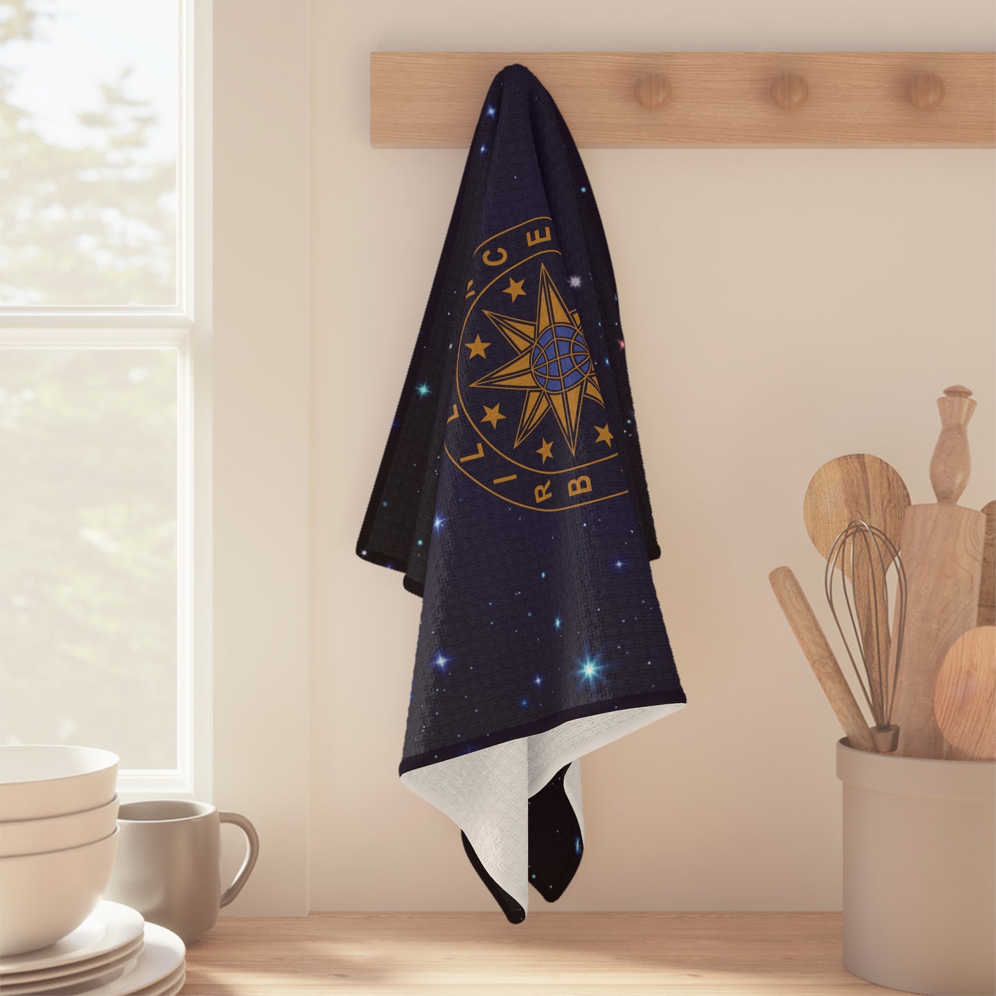 Brilliance Microfiber Tea Towel with Starry Night Print and Logo Slant Hanging