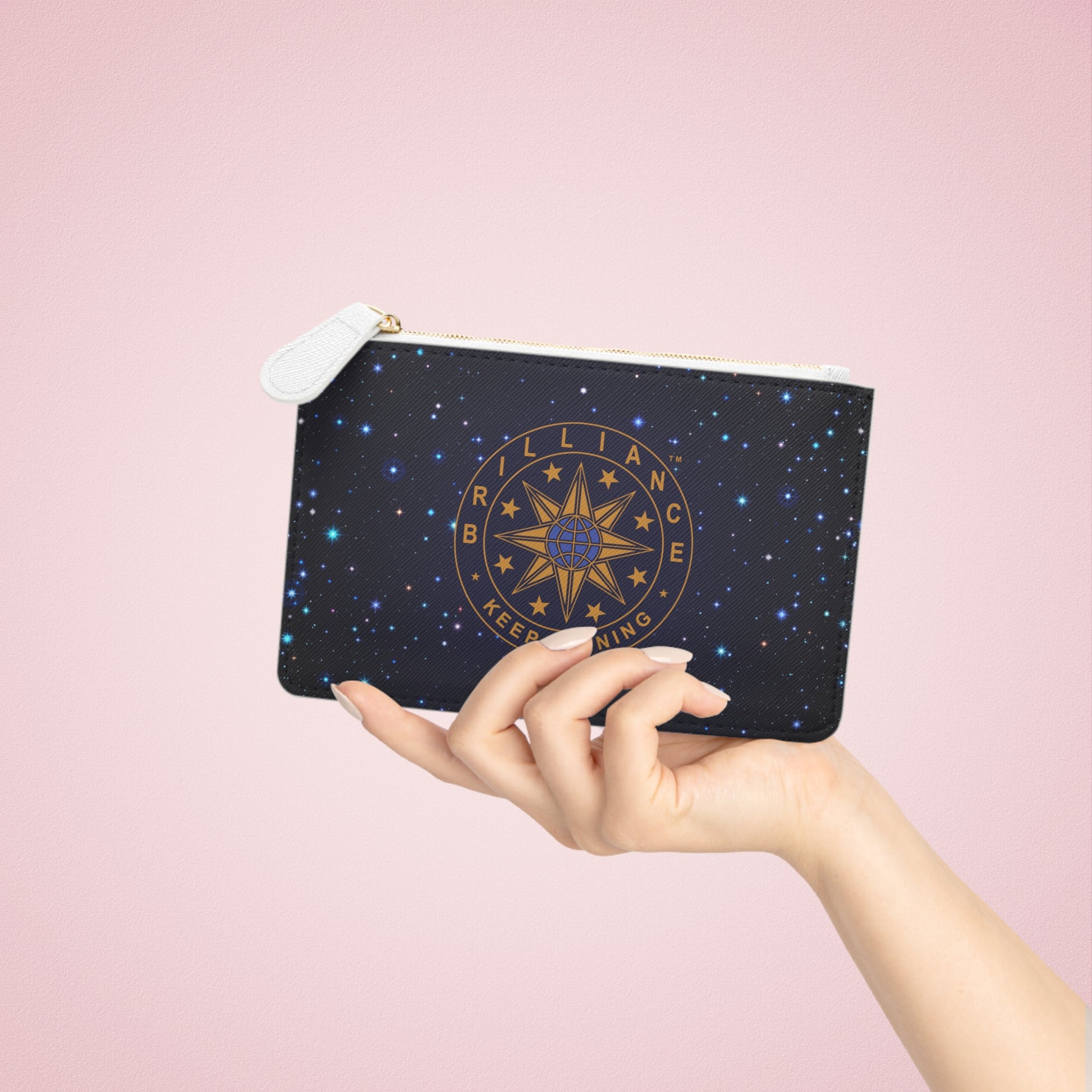 Brilliance Mini Clutch Bag with Starry Night Print and Logo Back with Model