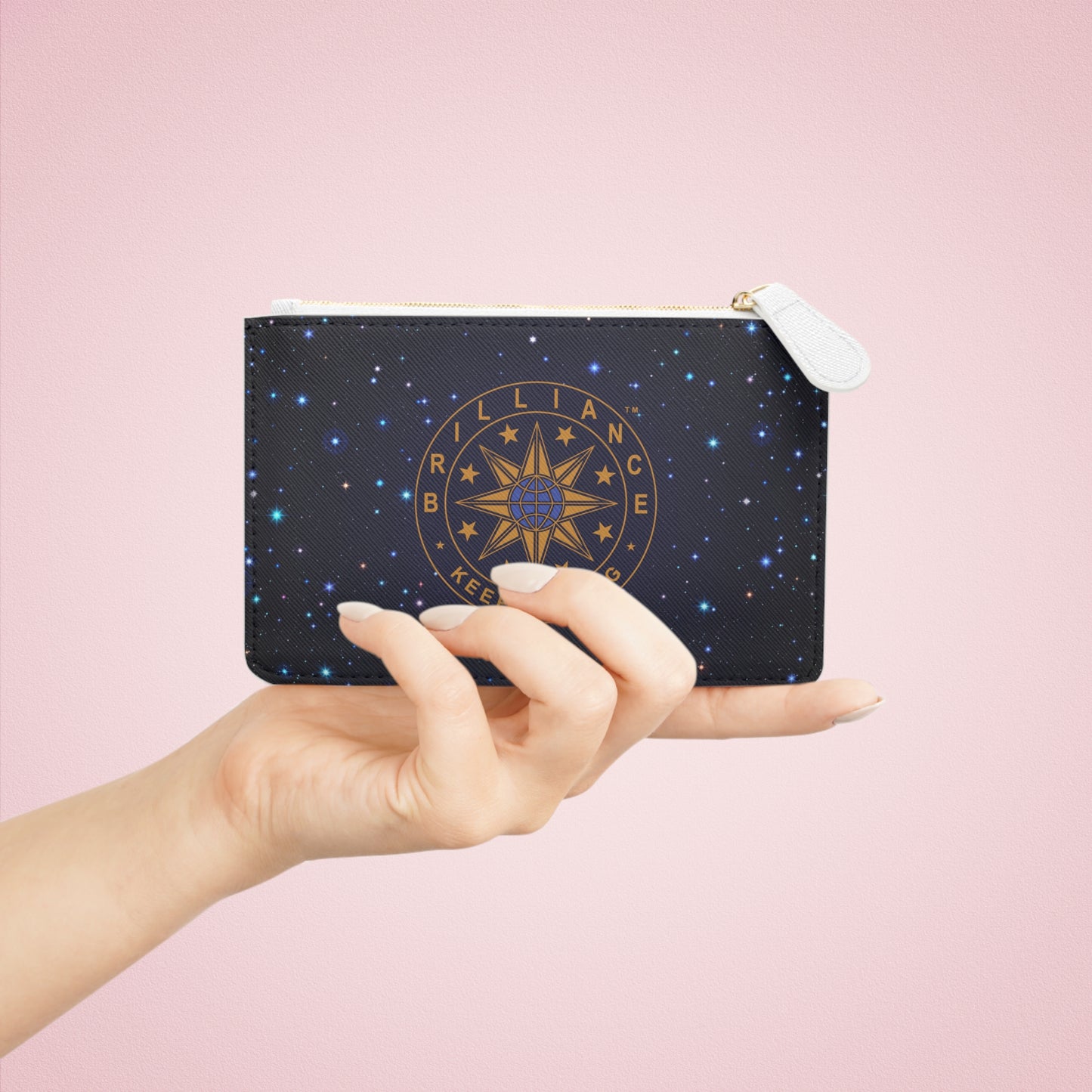 Brilliance Mini Clutch Bag with Starry Night Print and Logo Front with Model