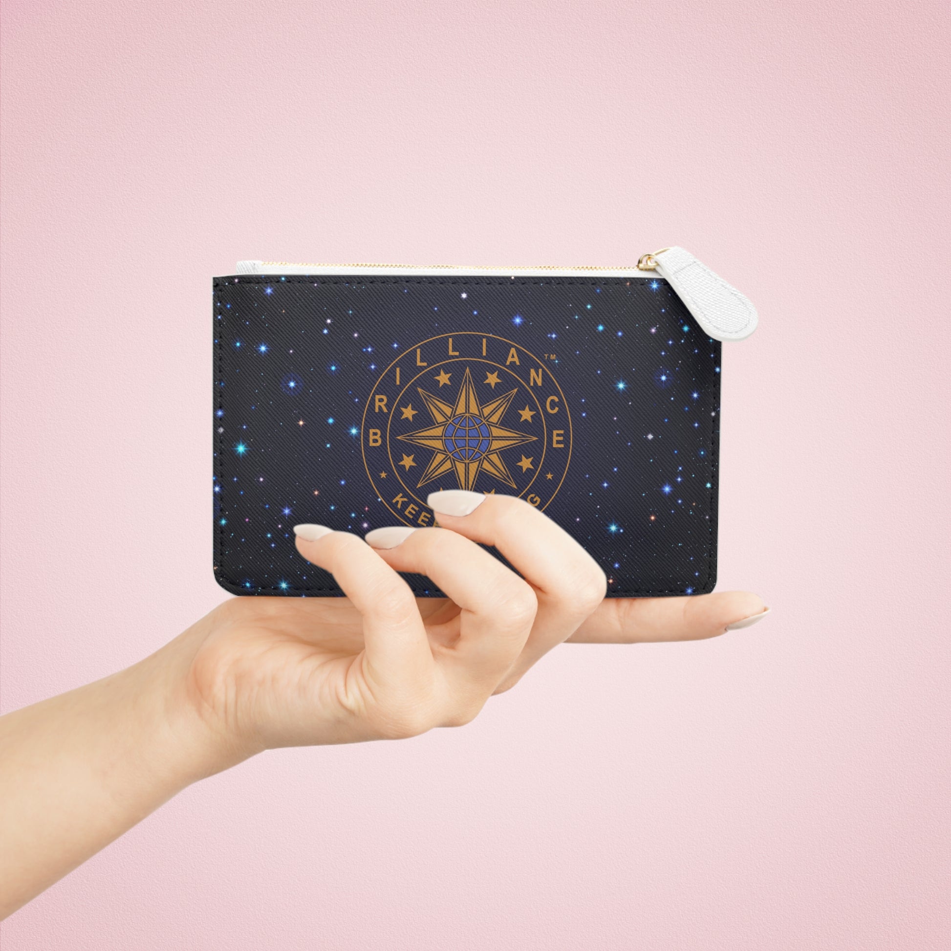 Brilliance Mini Clutch Bag with Starry Night Print and Logo Front with Model