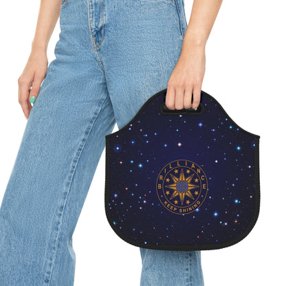 Brilliance Neoprene Lunch Bag with Starry Night Print and Logo Front with Model