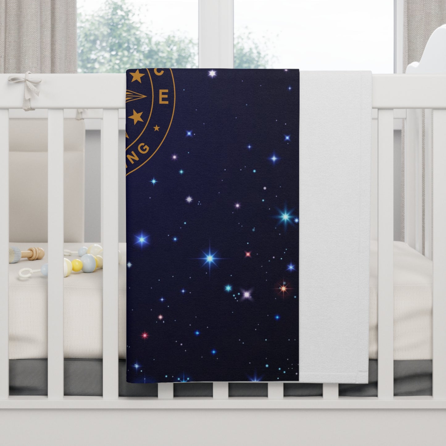 Brilliance Soft Fleece Baby Blanket with Starry Night Print and Logo Fold Hanging