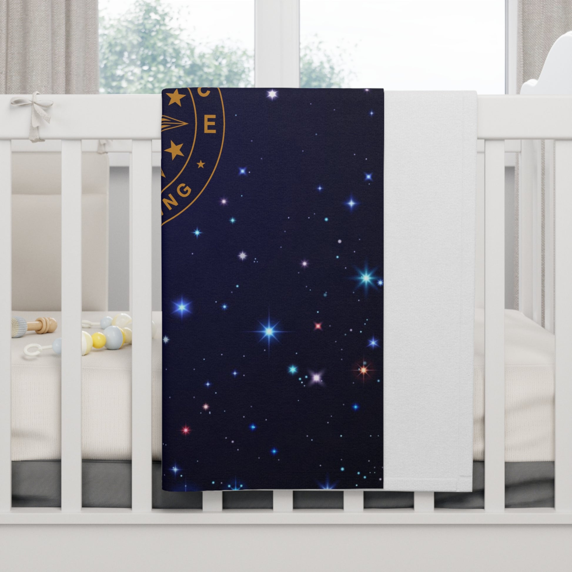 Brilliance Soft Fleece Baby Blanket with Starry Night Print and Logo Fold Hanging