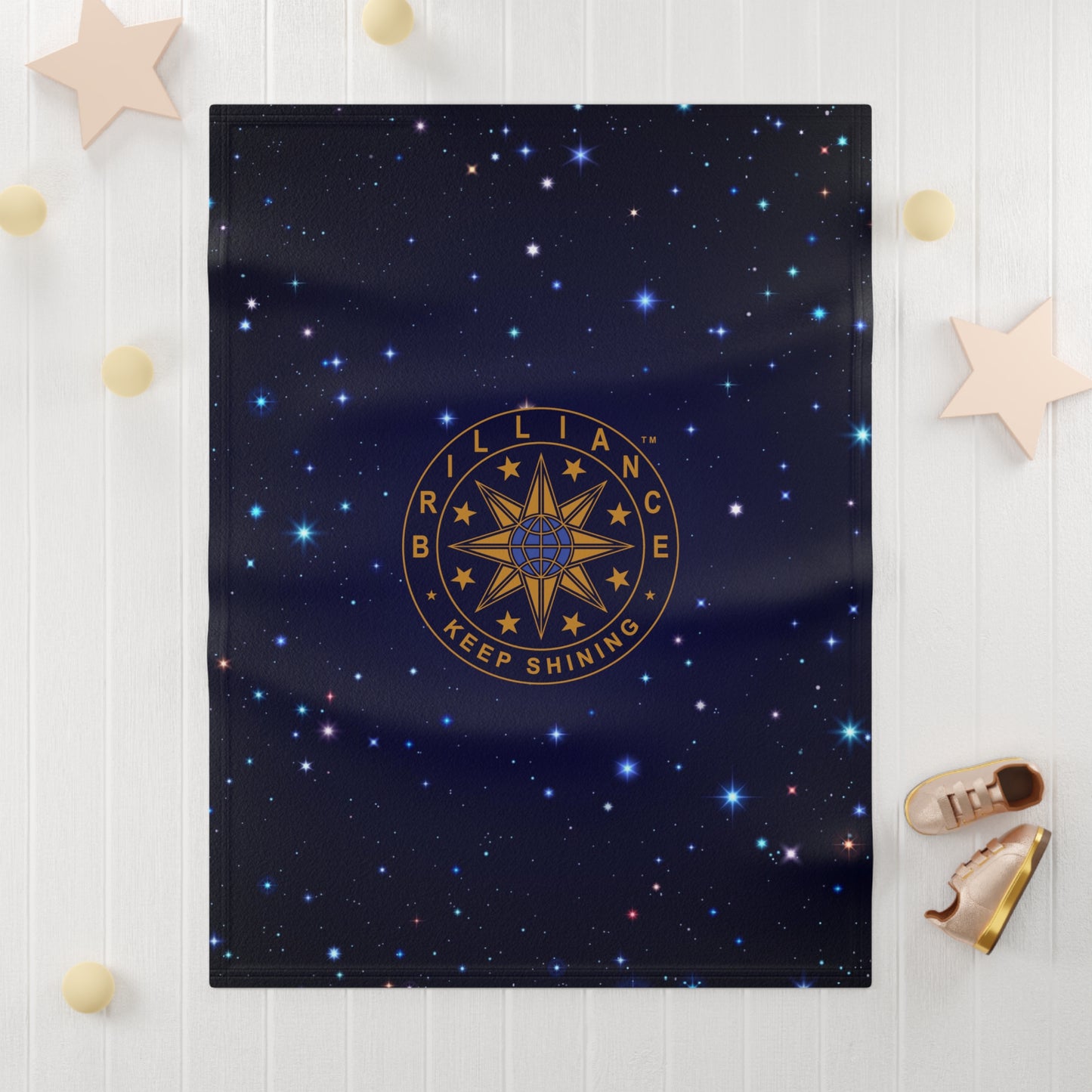 Brilliance Soft Fleece Baby Blanket with Starry Night Print and Logo Front Side with Decorative Background