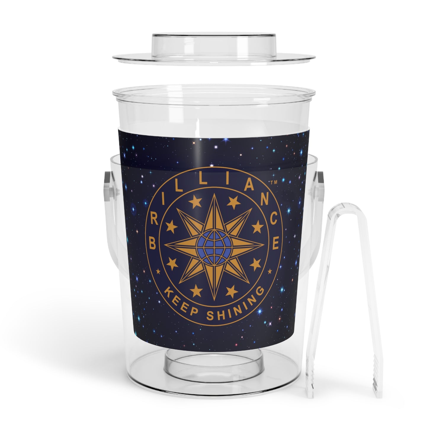 Brilliance Starry Night Print and Logo Ice Bucket with Tongs Front Side Open