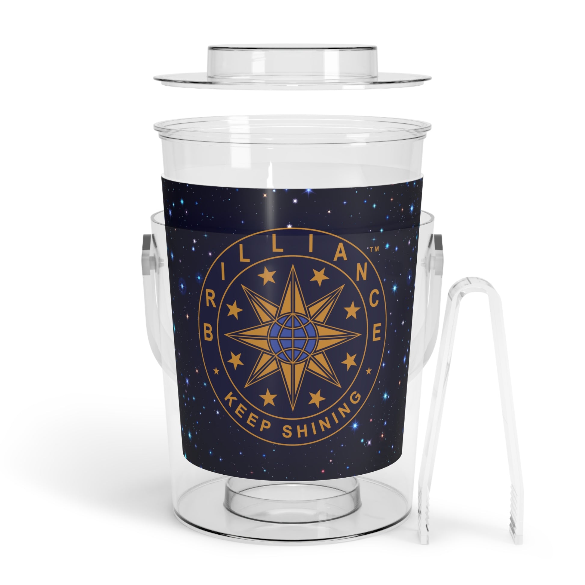 Brilliance Starry Night Print and Logo Ice Bucket with Tongs Front Side Open