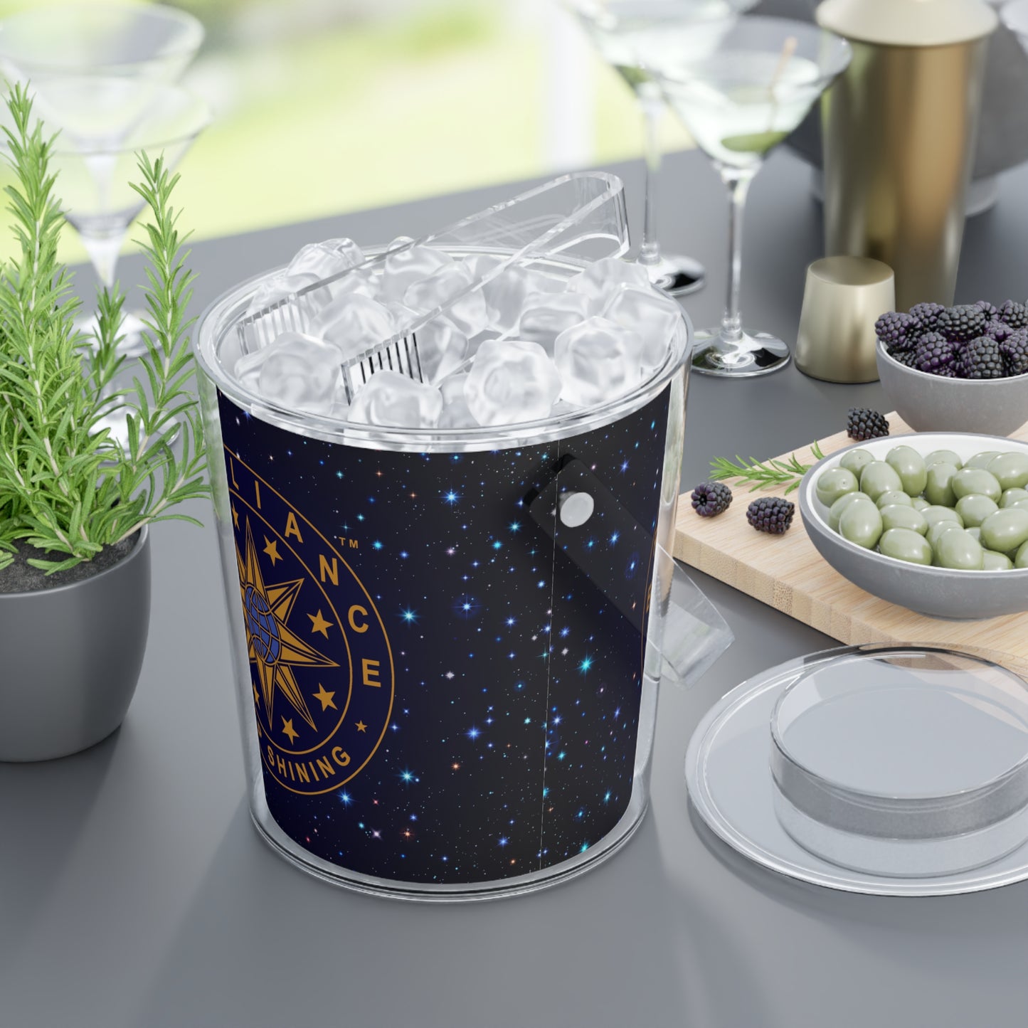 Brilliance Starry Night Print and Logo Ice Bucket with Tongs Slant 2