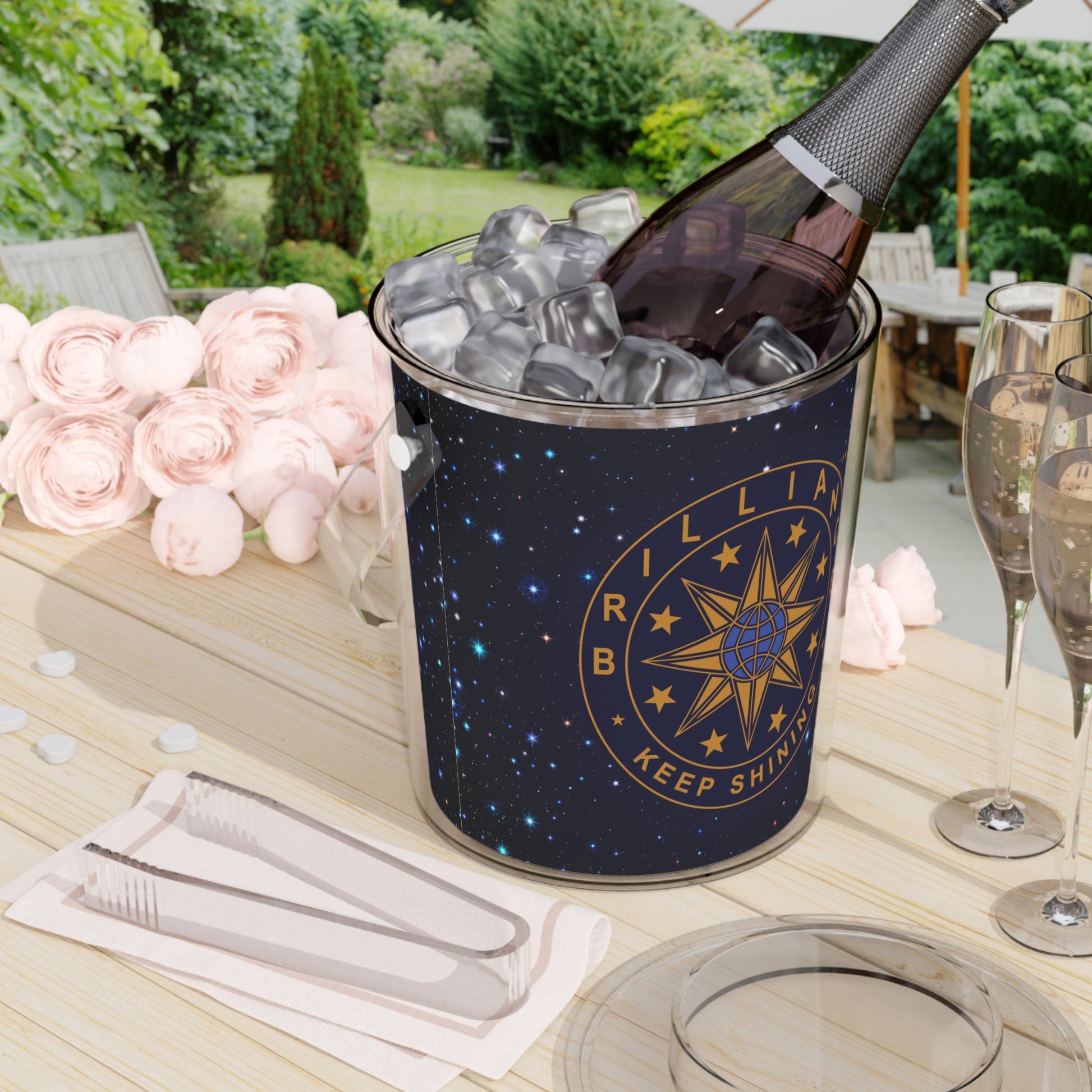 Brilliance Starry Night Print and Logo Ice Bucket with Tongs Slant 3