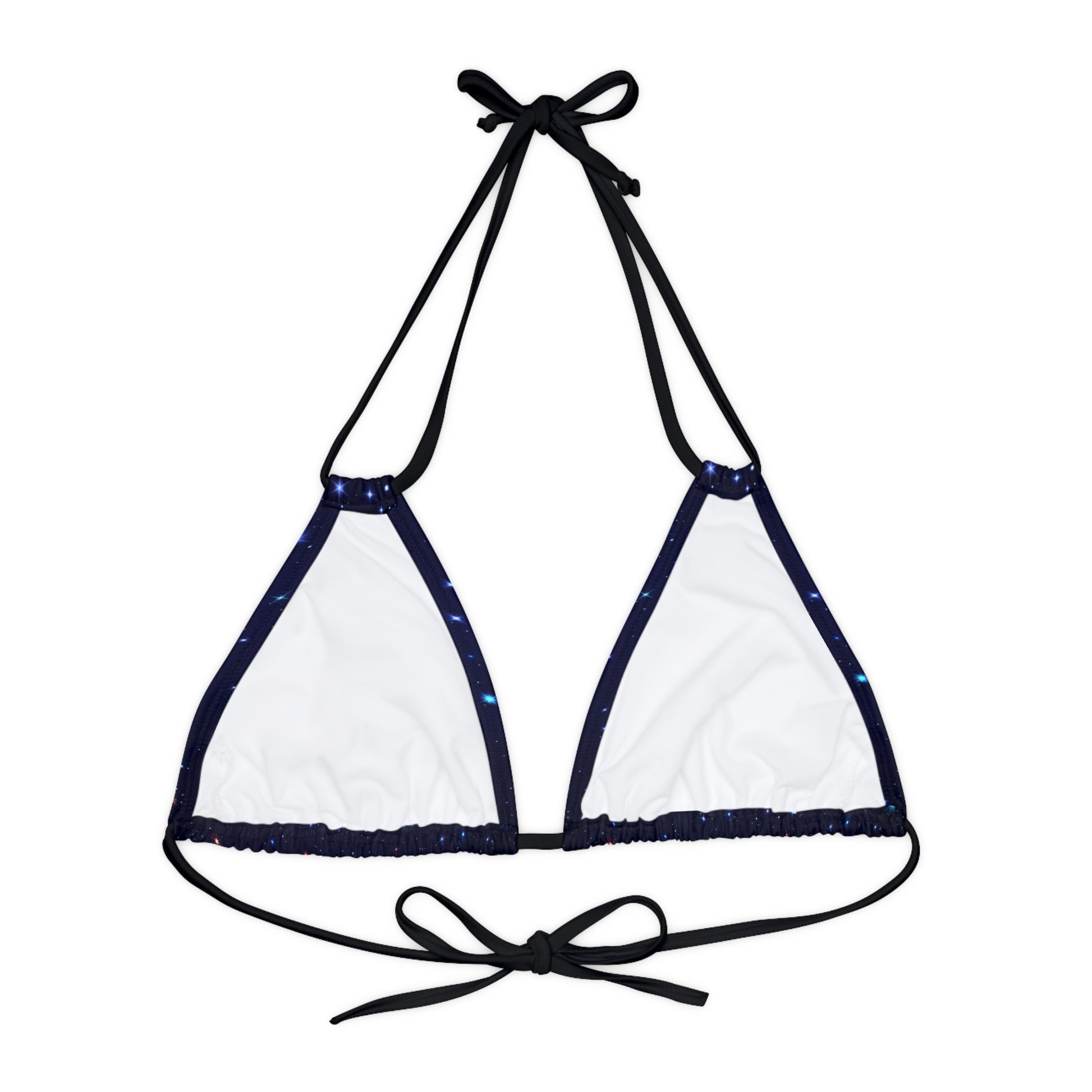 Brilliance Strappy Triangle Bikini Top with Starry Night Print and Logo Black Straps Back Side