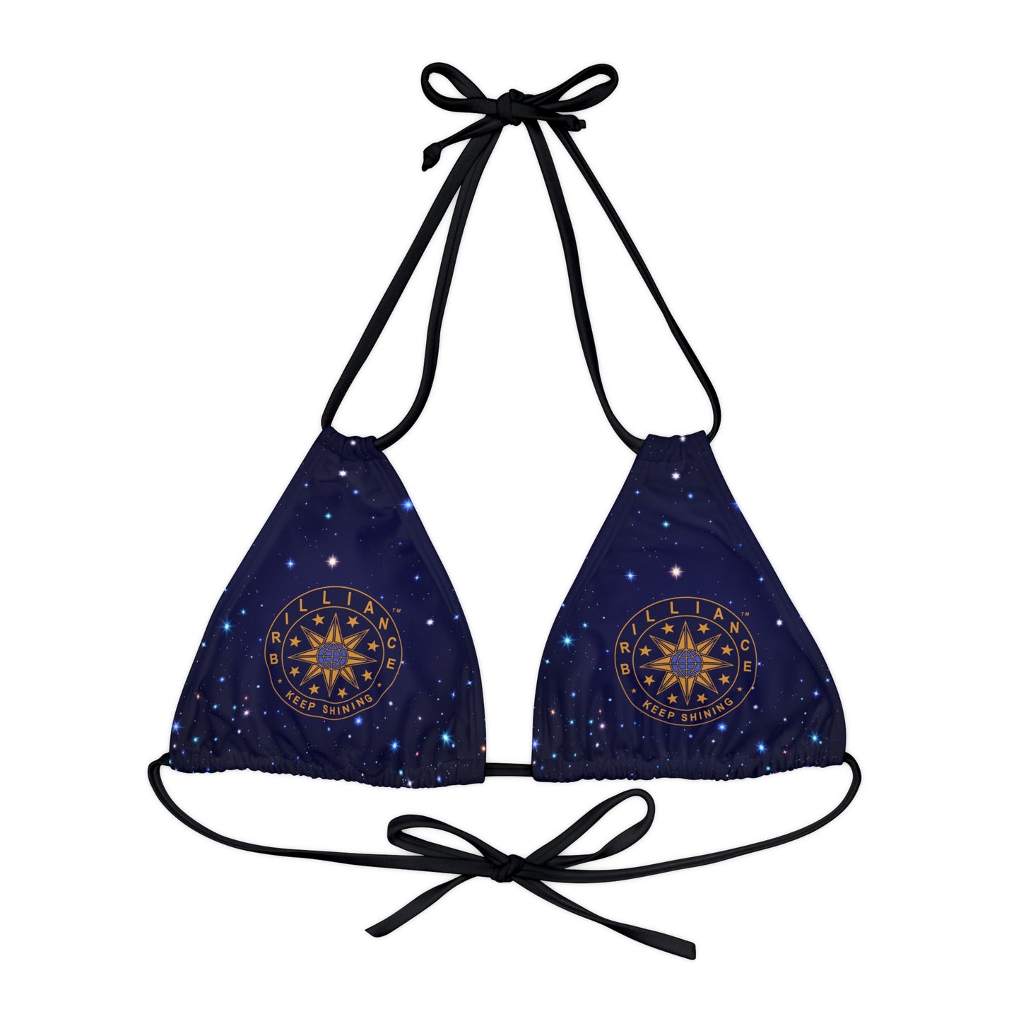 Brilliance Strappy Triangle Bikini Top with Starry Night Print and Logo Black Straps Front Side