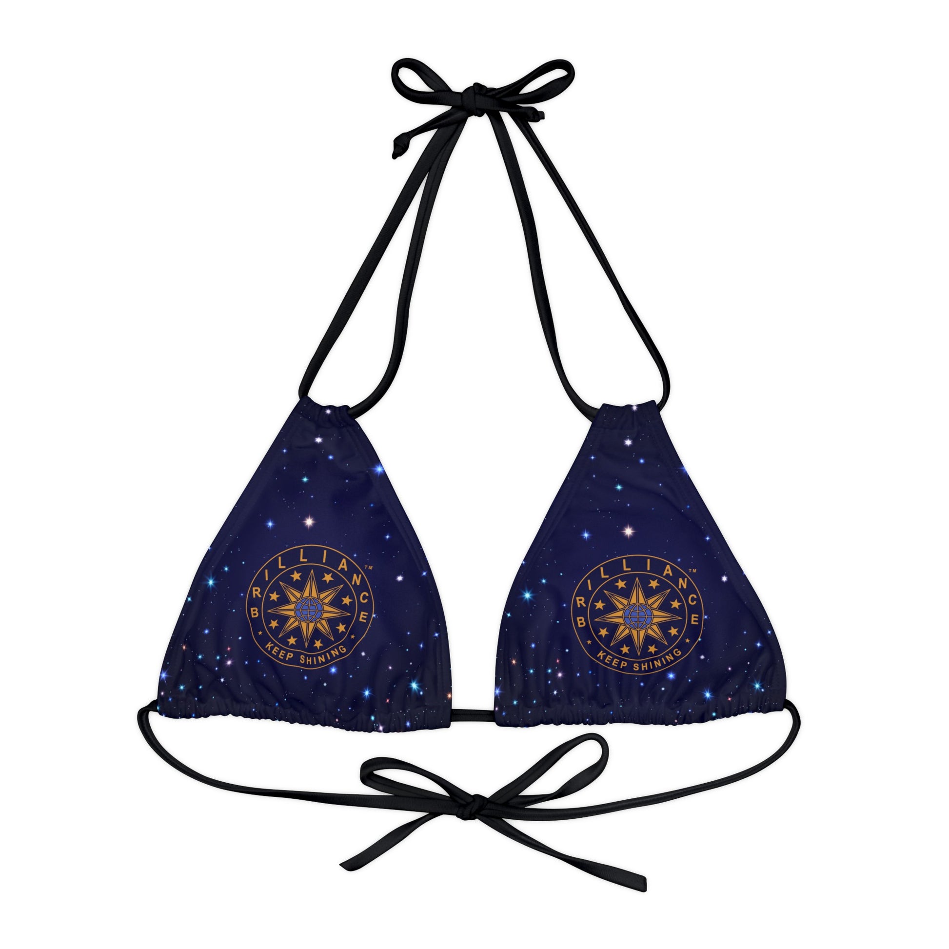 Brilliance Strappy Triangle Bikini Top with Starry Night Print and Logo Black Straps Front Side