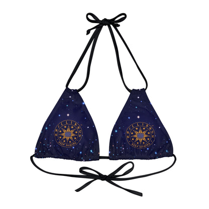 Brilliance Strappy Triangle Bikini Top with Starry Night Print and Logo Black Straps Front Side