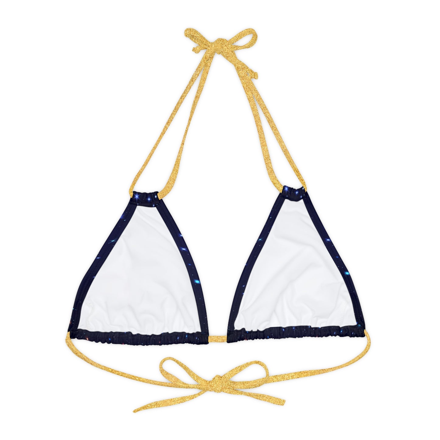 Brilliance Strappy Triangle Bikini Top with Starry Night Print and Logo Gold Straps Back Side