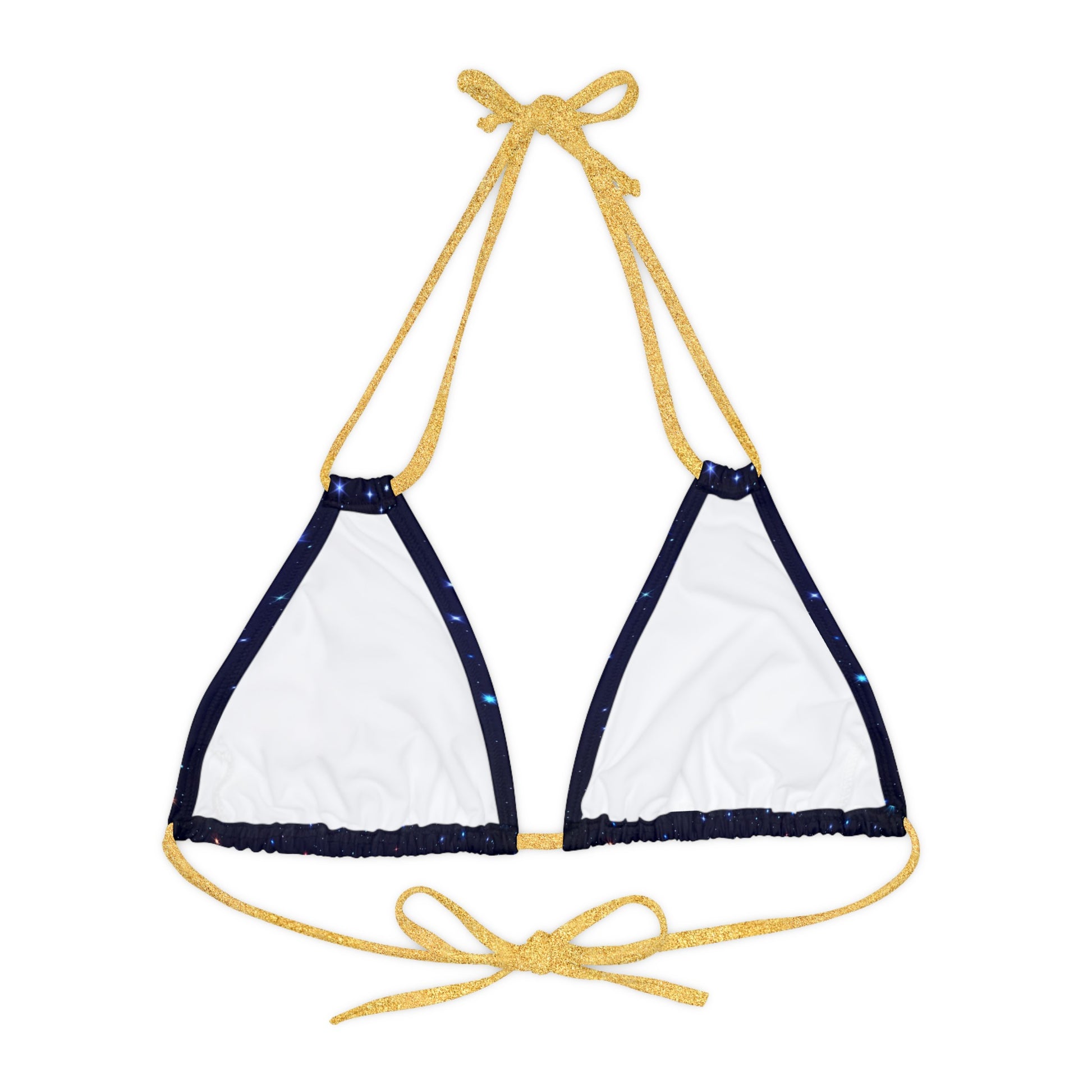 Brilliance Strappy Triangle Bikini Top with Starry Night Print and Logo Gold Straps Back Side