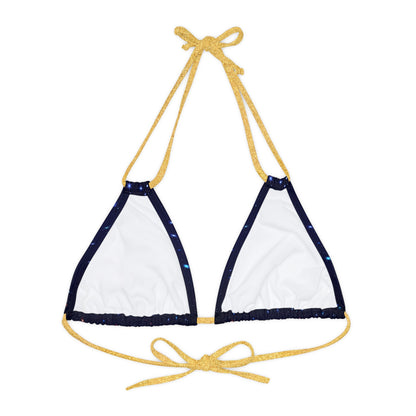 Brilliance Strappy Triangle Bikini Top with Starry Night Print and Logo Gold Straps Back Side
