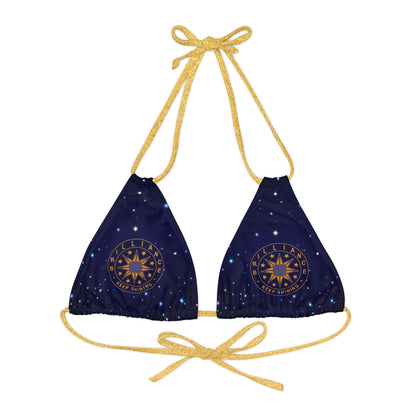 Brilliance Strappy Triangle Bikini Top with Starry Night Print and Logo Gold Straps Front Side