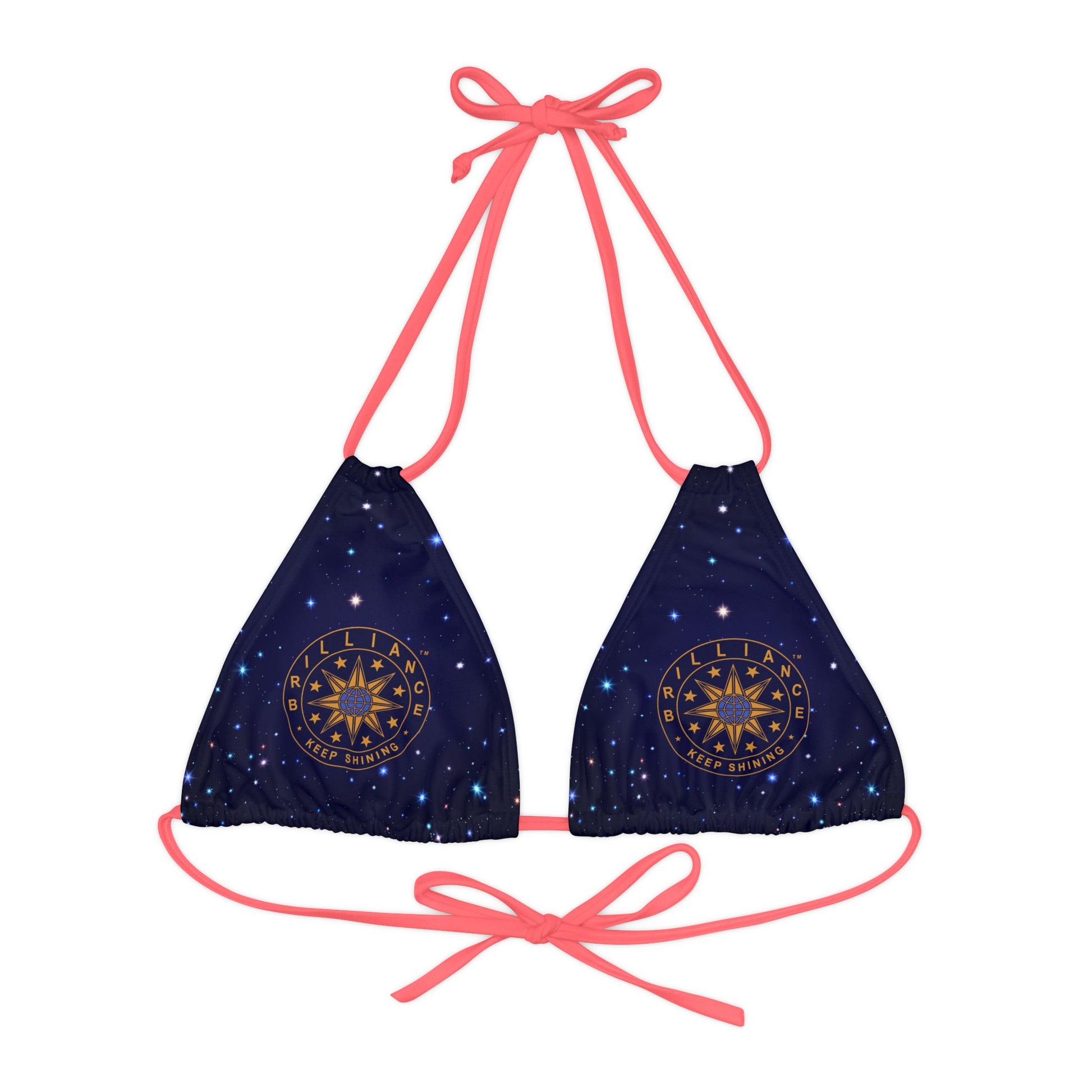 Brilliance Strappy Triangle Bikini Top with Starry Night Print and Logo Neon Pink Straps Front Side
