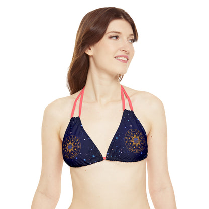 Brilliance Strappy Triangle Bikini Top with Starry Night Print and Logo Neon Pink Straps Front Side with Model