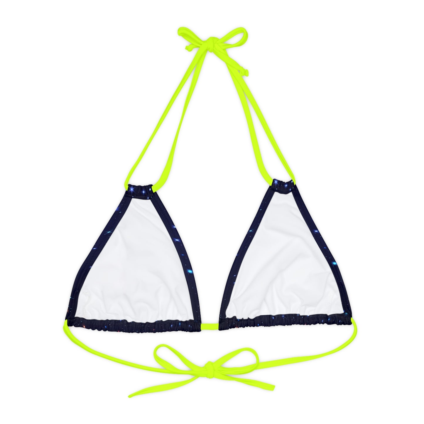 Brilliance Strappy Triangle Bikini Top with Starry Night Print and Logo Neon Yellow Straps Back Side