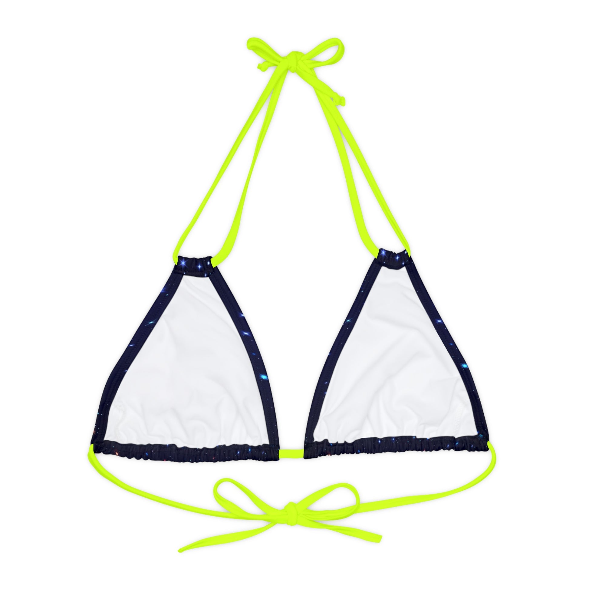 Brilliance Strappy Triangle Bikini Top with Starry Night Print and Logo Neon Yellow Straps Back Side