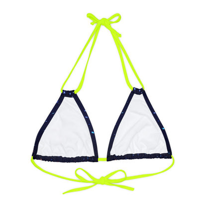 Brilliance Strappy Triangle Bikini Top with Starry Night Print and Logo Neon Yellow Straps Back Side