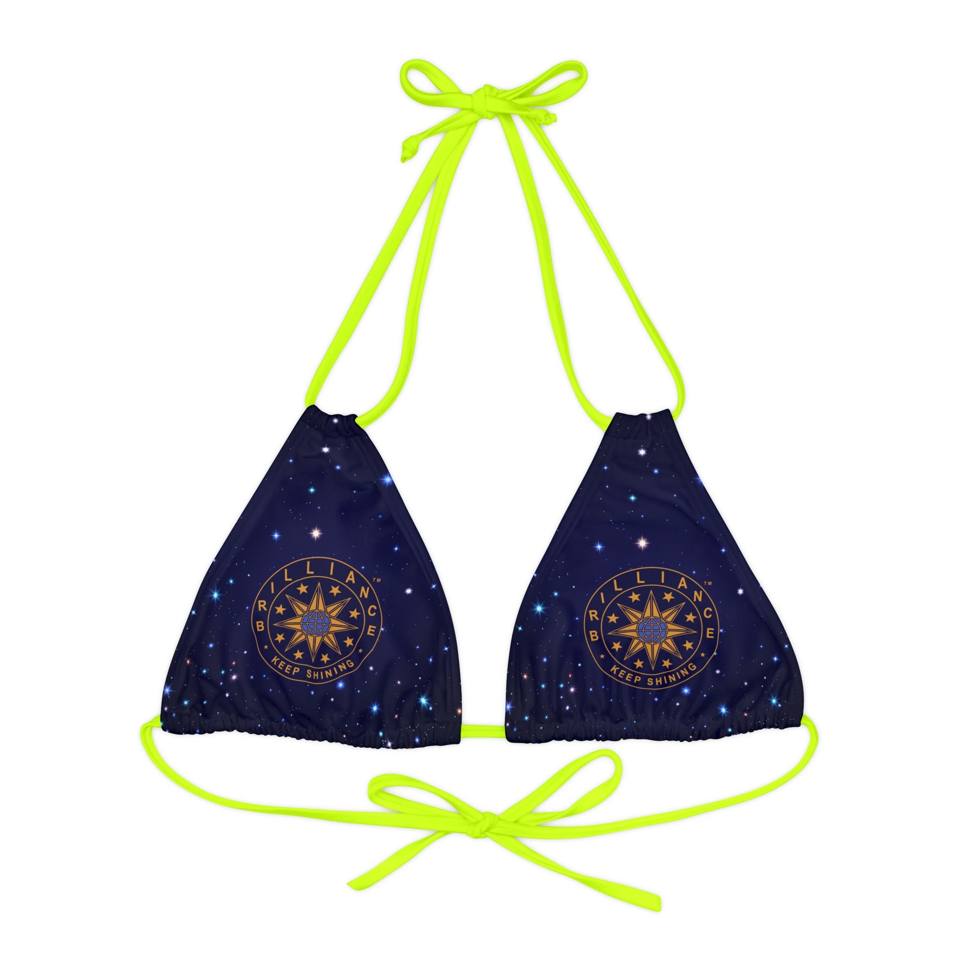 Brilliance Strappy Triangle Bikini Top with Starry Night Print and Logo Neon Yellow Straps Front Side